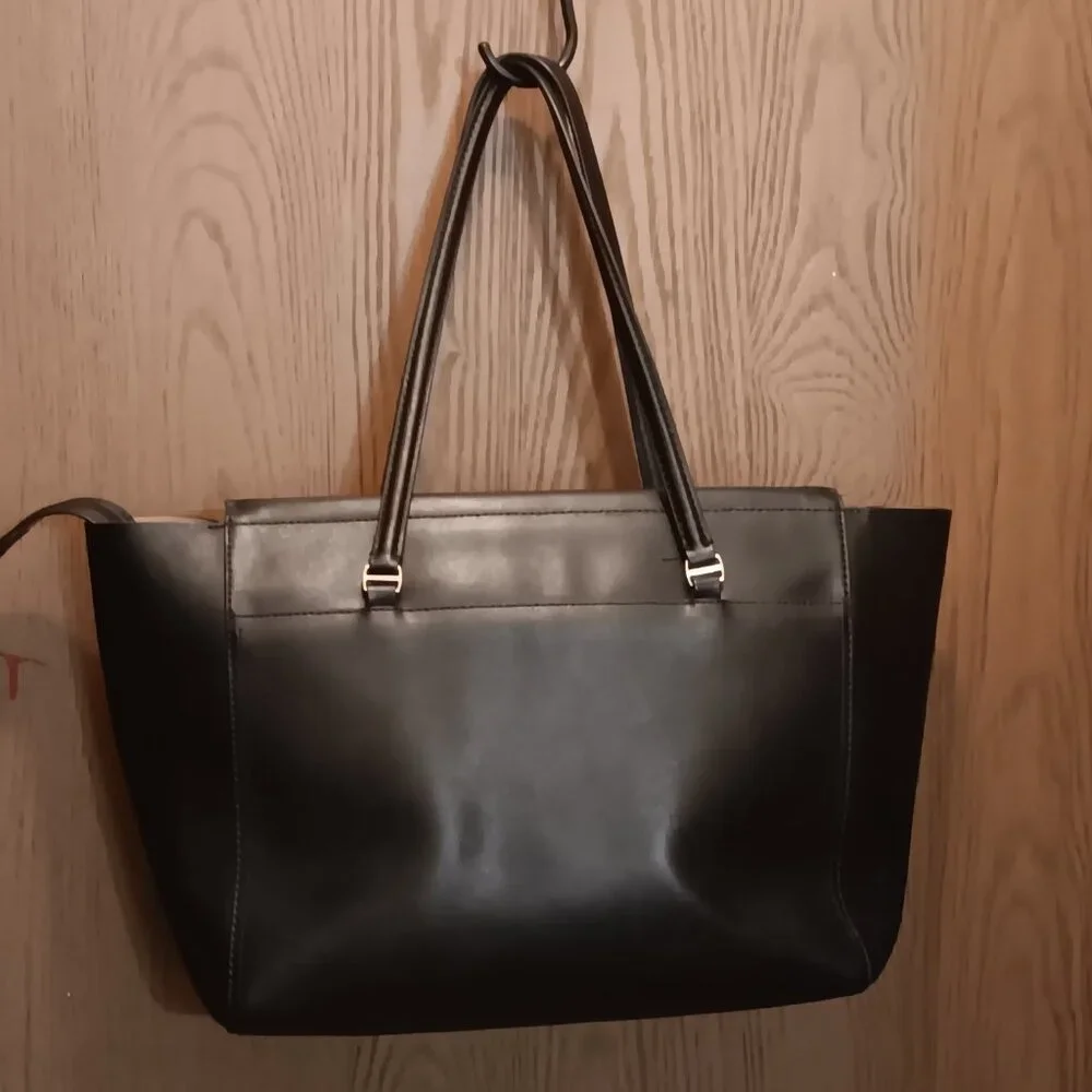 Tory Burch 'Parker' black leather double handle large tote bag purse